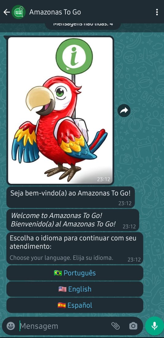 Aplicativo dispõe de interação em três idiomas. Foto: Reprodução WhatsApp