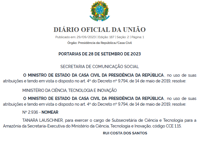 Nomeação de Tanara para subsecretária da pasta foi publicada no Diário Oficial da União.